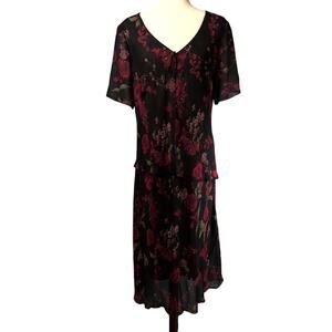Vintage 90s/Y2K Black Red Rose Floral Layered Short Sleeve Dress Plus Size 14W